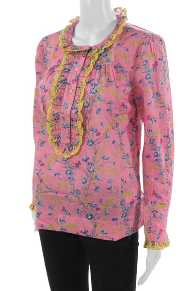 J Crew Women Pink Floral Collared Cotton Blouse Long Sleeve Button Size XS