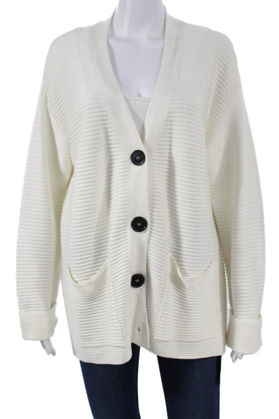 Zara Knit Women Ivory Striped V-Neck Viscose Cardigan Sweater Long Sleeve Size S