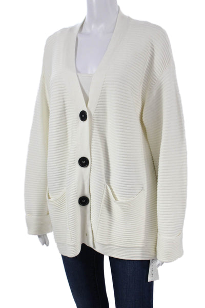 Zara Knit Women Ivory Striped V-Neck Viscose Cardigan Sweater Long Sleeve Size S