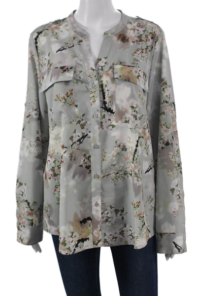 Calvin Klein Women Basic Gray Floral V-Neck Long Sleeve Blouse Polyester Size L