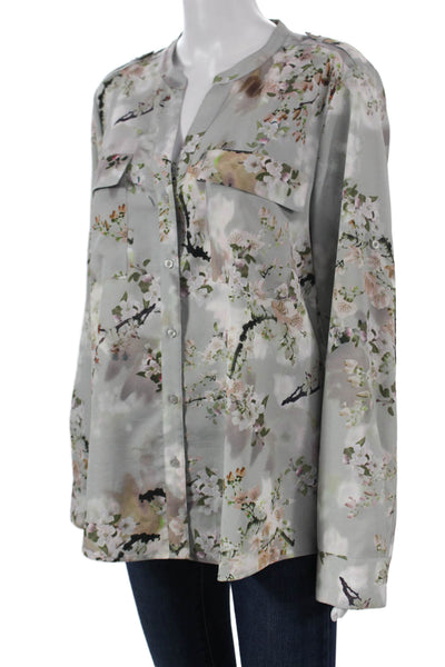 Calvin Klein Women Basic Gray Floral V-Neck Long Sleeve Blouse Polyester Size L