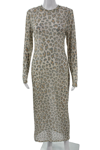 AFRM Women Maxi Dress Beige Animal Print Long Sleeve Crew Neck Nylon Size L