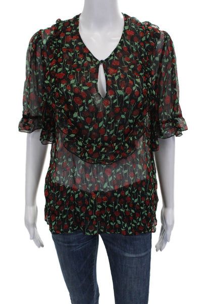 The Kooples Womens Black Floral V-Neck Short Sleeve Rayon Blouse Size 1