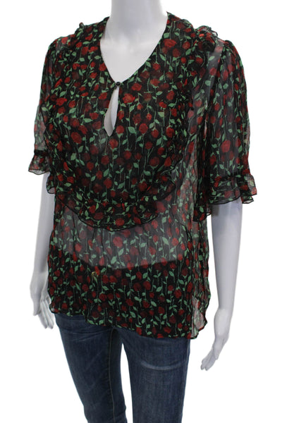 The Kooples Womens Black Floral V-Neck Short Sleeve Rayon Blouse Size 1