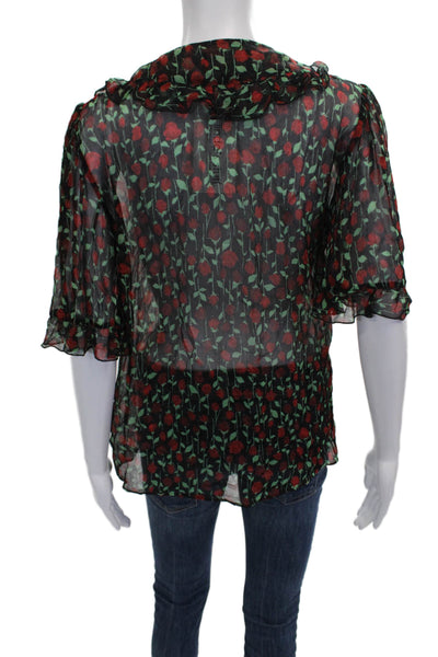 The Kooples Womens Black Floral V-Neck Short Sleeve Rayon Blouse Size 1