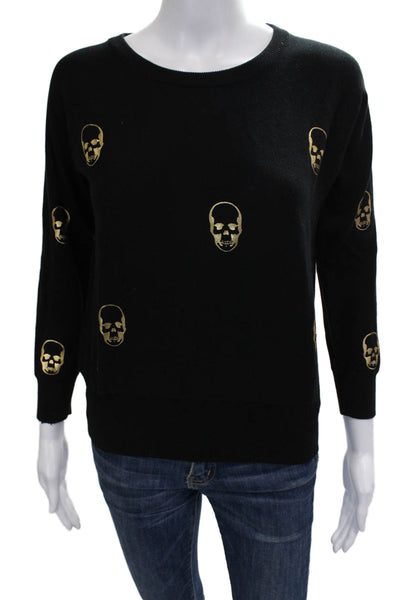 Aqua Women Black Cotton Skull Crew Neck Pullover Sweater Long Sleeve Size S