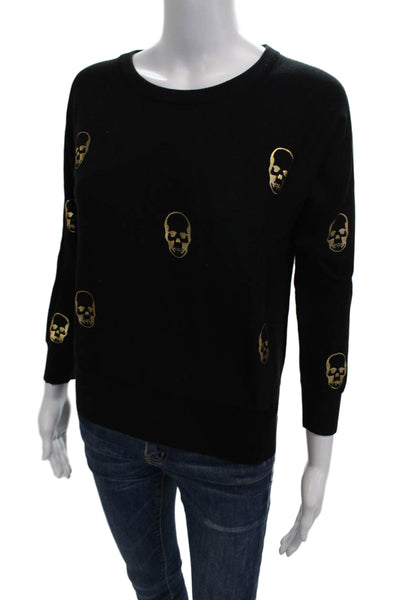 Aqua Women Black Cotton Skull Crew Neck Pullover Sweater Long Sleeve Size S