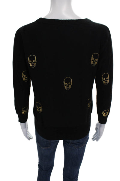 Aqua Women Black Cotton Skull Crew Neck Pullover Sweater Long Sleeve Size S