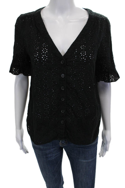Madewell Womens Black V-Neck Button 100% Cotton Short Sleeve Blouse Size S