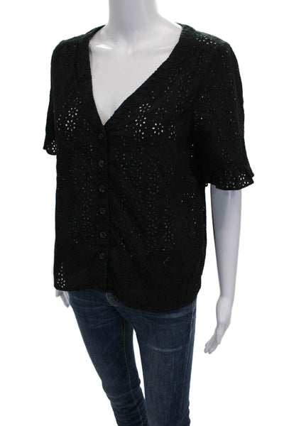 Madewell Womens Black V-Neck Button 100% Cotton Short Sleeve Blouse Size S