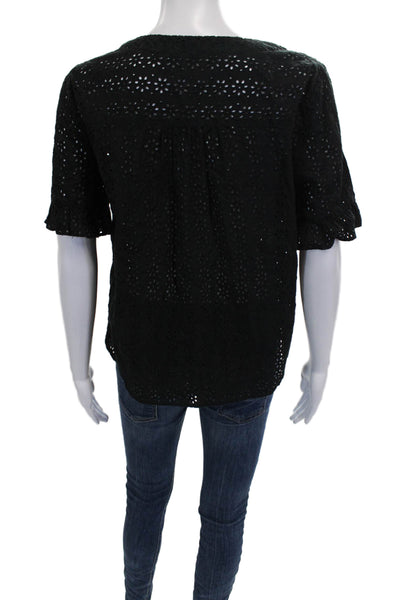 Madewell Womens Black V-Neck Button 100% Cotton Short Sleeve Blouse Size S