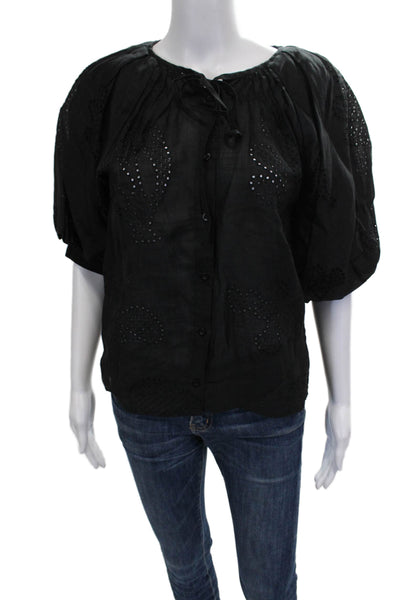 Frame Womens Blouse Black Ramie Round Neck Short Sleeve Button Size XS