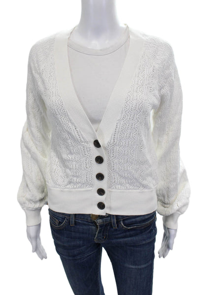 Frame Women Cardigan White Cotton V-Neck Geometric Long Sleeve Petite Size S