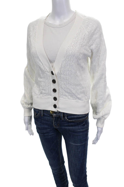 Frame Women Cardigan White Cotton V-Neck Geometric Long Sleeve Petite Size S
