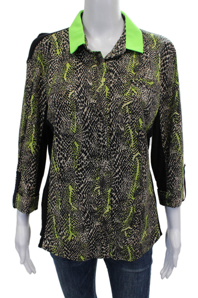 T Tahari Women Basic Blouse Black Animal Print Viscose 3/4 Sleeve Size L