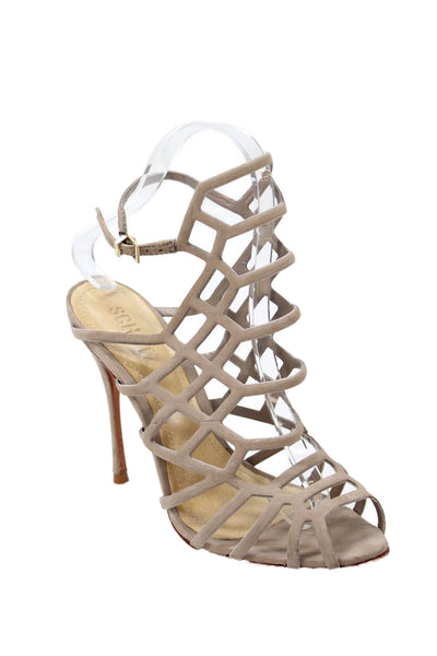 Schutz Womens Suede Caged Slingbacks Sandal Heels Beige Size 7 B