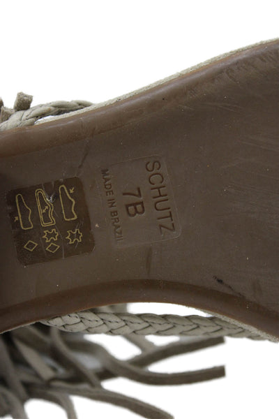 Schutz Womens Suede Thong Fringe Ankle Strap Sandals Beige Size 7 B