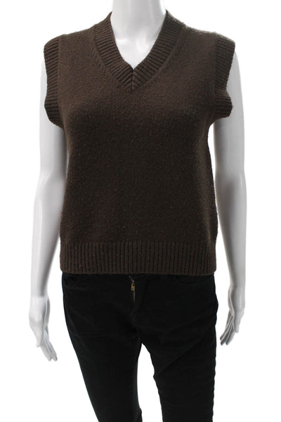 Zara Women Sleeveless V-Neck Vest Brown Polyester Solid Size S