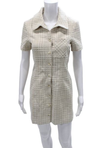 Rumored Womens Shirt Dress Beige Check Wool Collared Short Sleeve Button Size 6