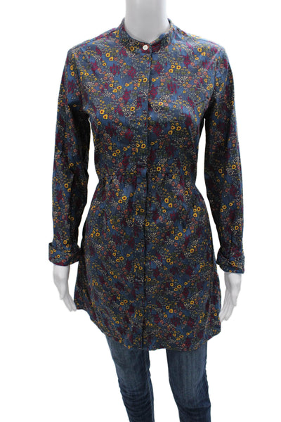 Untuckit Women Tunic Button-Up Collared Floral Blue Cotton Long Sleeve Size S