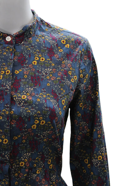 Untuckit Women Tunic Button-Up Collared Floral Blue Cotton Long Sleeve Size S