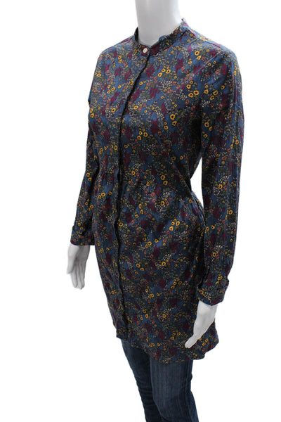 Untuckit Women Tunic Button-Up Collared Floral Blue Cotton Long Sleeve Size S