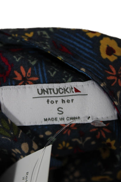Untuckit Women Tunic Button-Up Collared Floral Blue Cotton Long Sleeve Size S