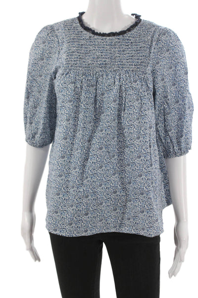 Sara Campbell Womens Tunic Blouse Blue Floral 3/4 Sleeve Organic Cotton Size XS