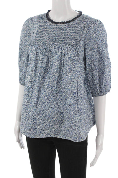 Sara Campbell Womens Tunic Blouse Blue Floral 3/4 Sleeve Organic Cotton Size XS