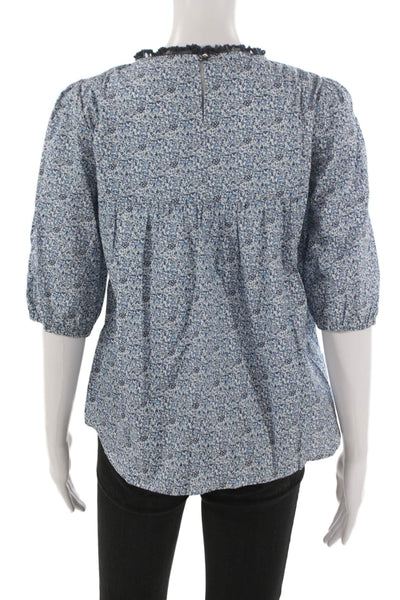 Sara Campbell Womens Tunic Blouse Blue Floral 3/4 Sleeve Organic Cotton Size XS