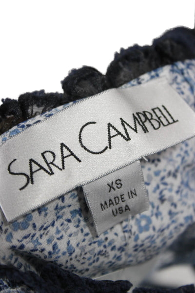 Sara Campbell Womens Tunic Blouse Blue Floral 3/4 Sleeve Organic Cotton Size XS