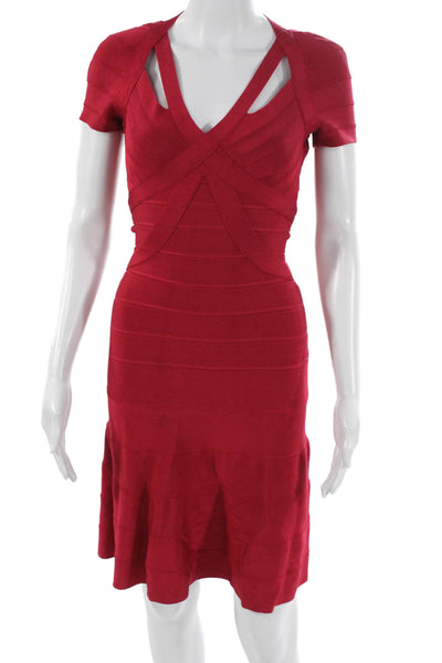Herve Leger Womens Bodycon Red V Neck Short Sleeve Dress Size XS