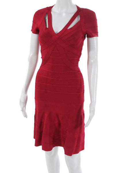 Herve Leger Womens Bodycon Red V Neck Short Sleeve Dress Size XS