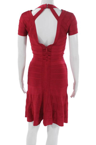 Herve Leger Womens Bodycon Red V Neck Short Sleeve Dress Size XS