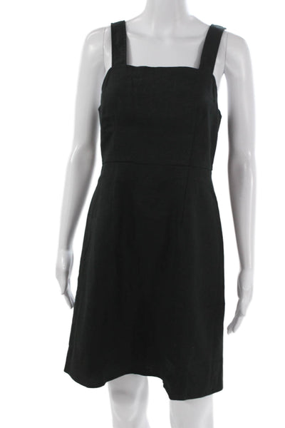 J Crew Womens Overall Dress Black Linen Square Neck Sleeveless Zip Size 2