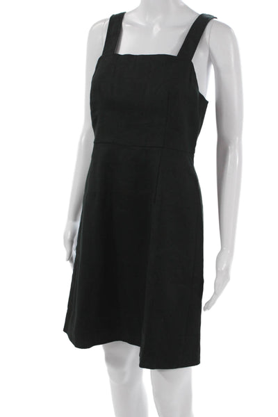 J Crew Womens Overall Dress Black Linen Square Neck Sleeveless Zip Size 2