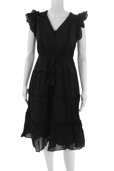 J Crew Women A-Line Black Cotton V-Neck Button Short Sleeve Dress Petite Size 4