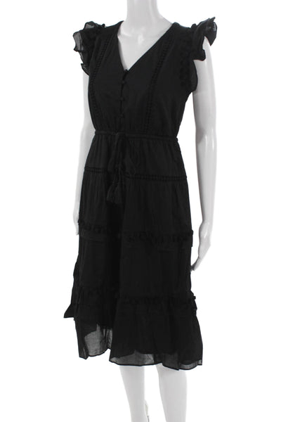 J Crew Women A-Line Black Cotton V-Neck Button Short Sleeve Dress Petite Size 4