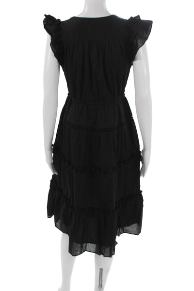 J Crew Women A-Line Black Cotton V-Neck Button Short Sleeve Dress Petite Size 4