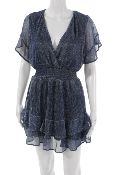 Walker & Wade Womens Wrap Dress Blue Striped V-Neck Short Sleeve Size S