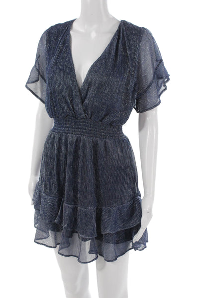 Walker & Wade Womens Wrap Dress Blue Striped V-Neck Short Sleeve Size S