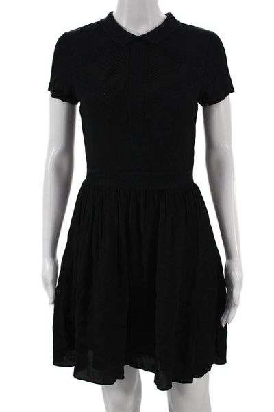 Maje Women Fit & Flare Black Collared Short Sleeve Viscose Zip Dress Size 1