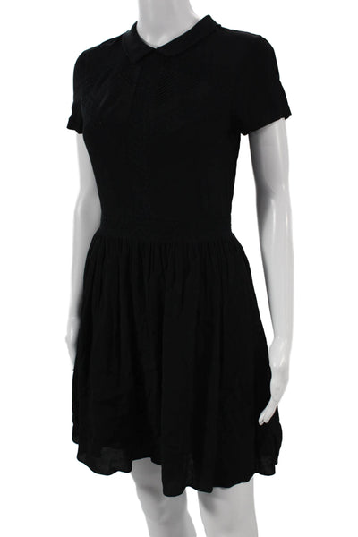 Maje Women Fit & Flare Black Collared Short Sleeve Viscose Zip Dress Size 1