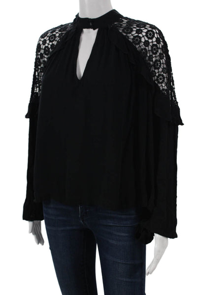Free People Women Basic Black High Neck Long Sleeve Rayon Blouse Size XS