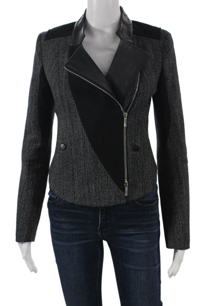 Karen Millen Women Gray Wool Herringbone Biker Jacket Zip Long Sleeve Size 2