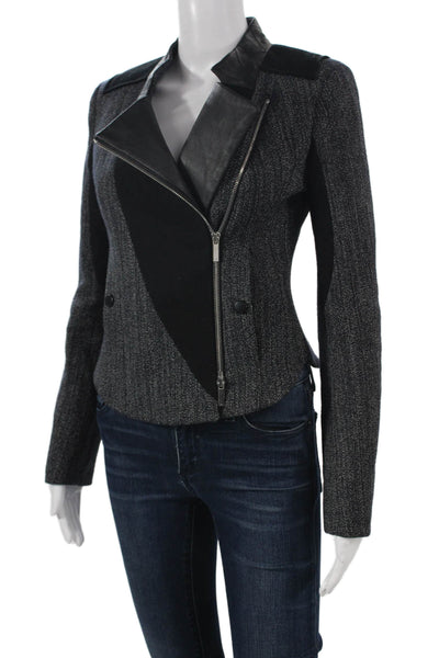 Karen Millen Women Gray Wool Herringbone Biker Jacket Zip Long Sleeve Size 2