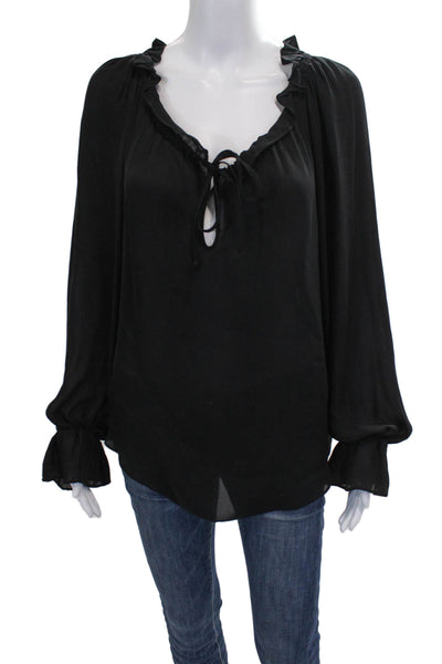 Parker Women Tunic Blouse Silk V-Neck Long Sleeve Tie Black Size S