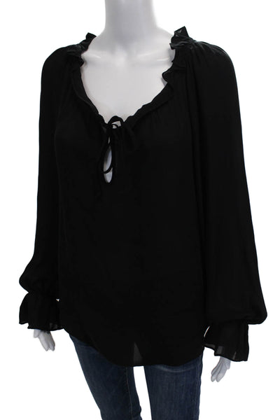 Parker Women Tunic Blouse Silk V-Neck Long Sleeve Tie Black Size S
