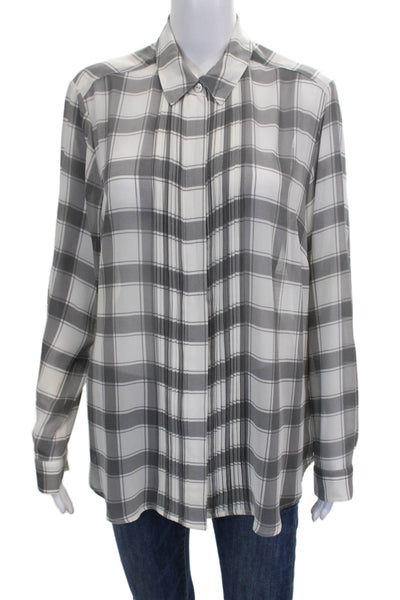 Foxcroft Women White Plaid Collared Button-Up Long Sleeve Top Size 12