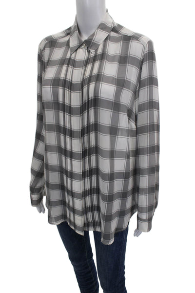 Foxcroft Women White Plaid Collared Button-Up Long Sleeve Top Size 12
